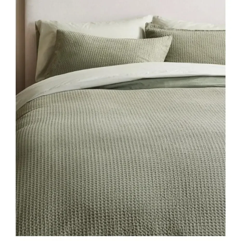 Quince KING Organic Luxe Honeycomb Duvet Cover Set + Shams Olive Green NEW